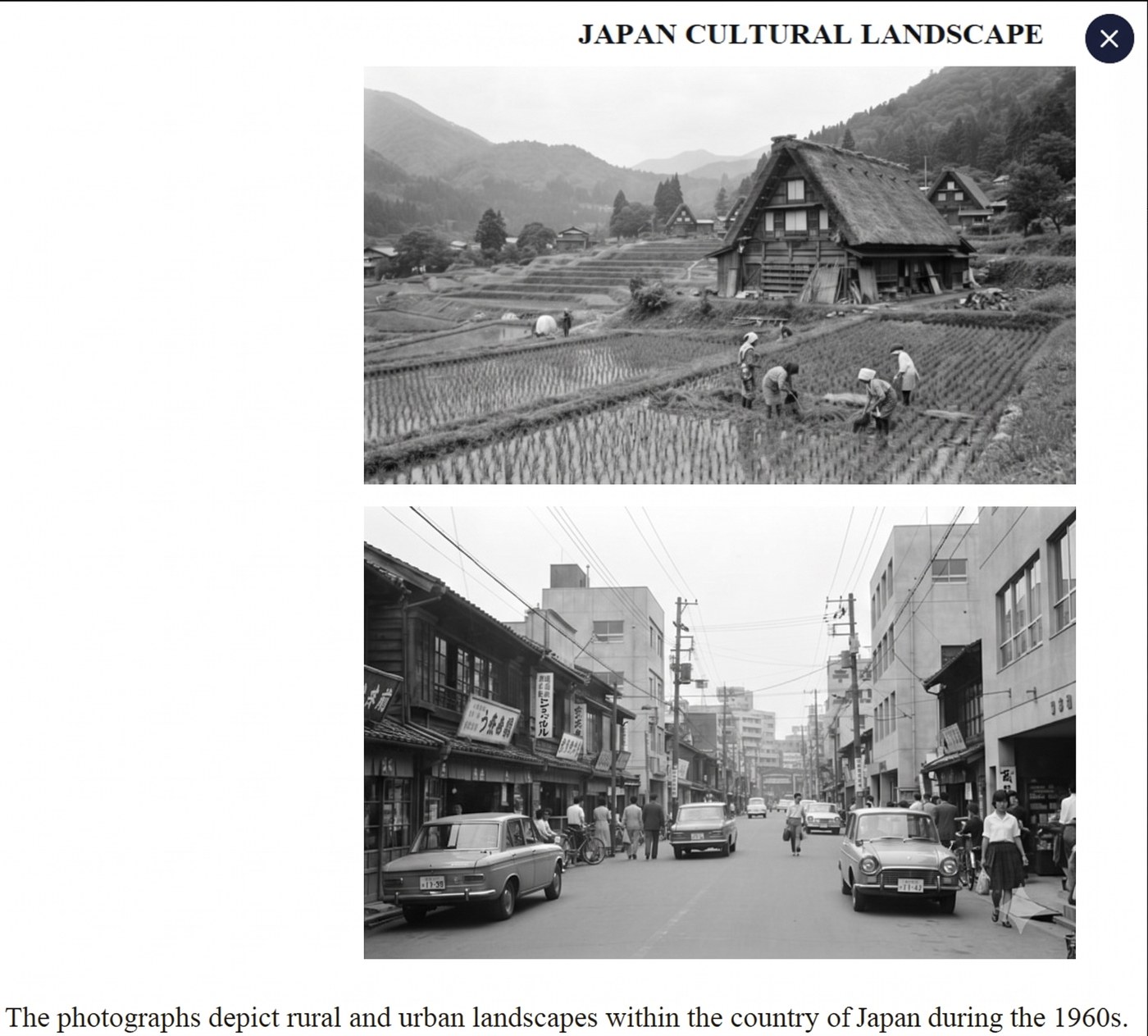 Paired black-and-white rural and urban landscape photographs of 1960s Japan, an illustrative stimulus
