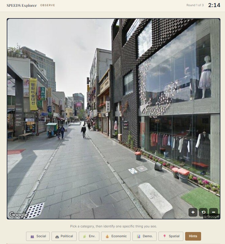 SPEEDS Explorer observe screen, a street-level photo with SPEEDS category buttons for identifying what is visible