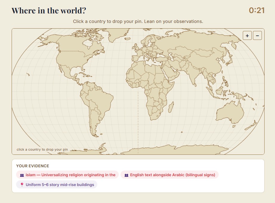 SPEEDS Explorer locate screen, a stylized world map where the student drops a guess