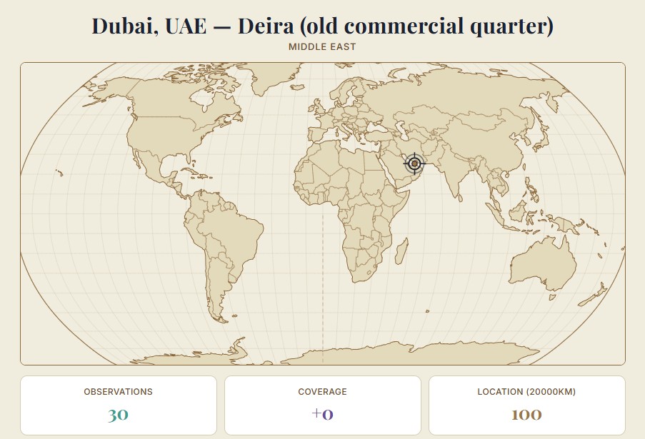 SPEEDS Explorer reveal screen showing a location in Deira, Dubai, part of the expanded set of locations