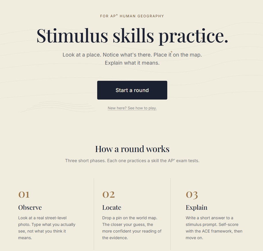 SPEEDS Explorer homepage, titled Stimulus skills practice, with a Start a round button and an Observe, Locate, Explain round overview