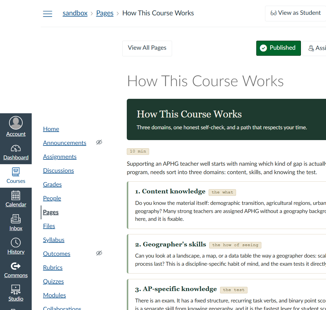 Landing view of the Canvas course showing the three-domain framing and six paths