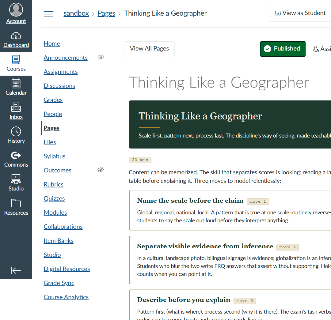 How This Course Works page showing the three-domain framework