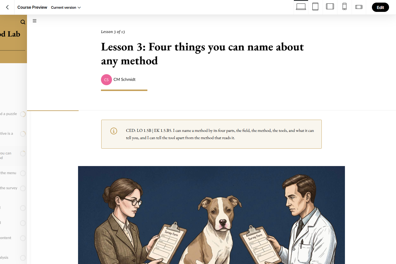 Lesson 3 of Lucy's Methods Lab: Four things you can name about any method, showing two researchers from different disciplines with clipboards observing Lucy