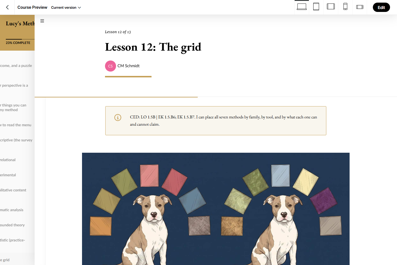 Lesson 12 of Lucy's Methods Lab: The grid, showing all seven methods arranged around two Lucys with color-coded tiles