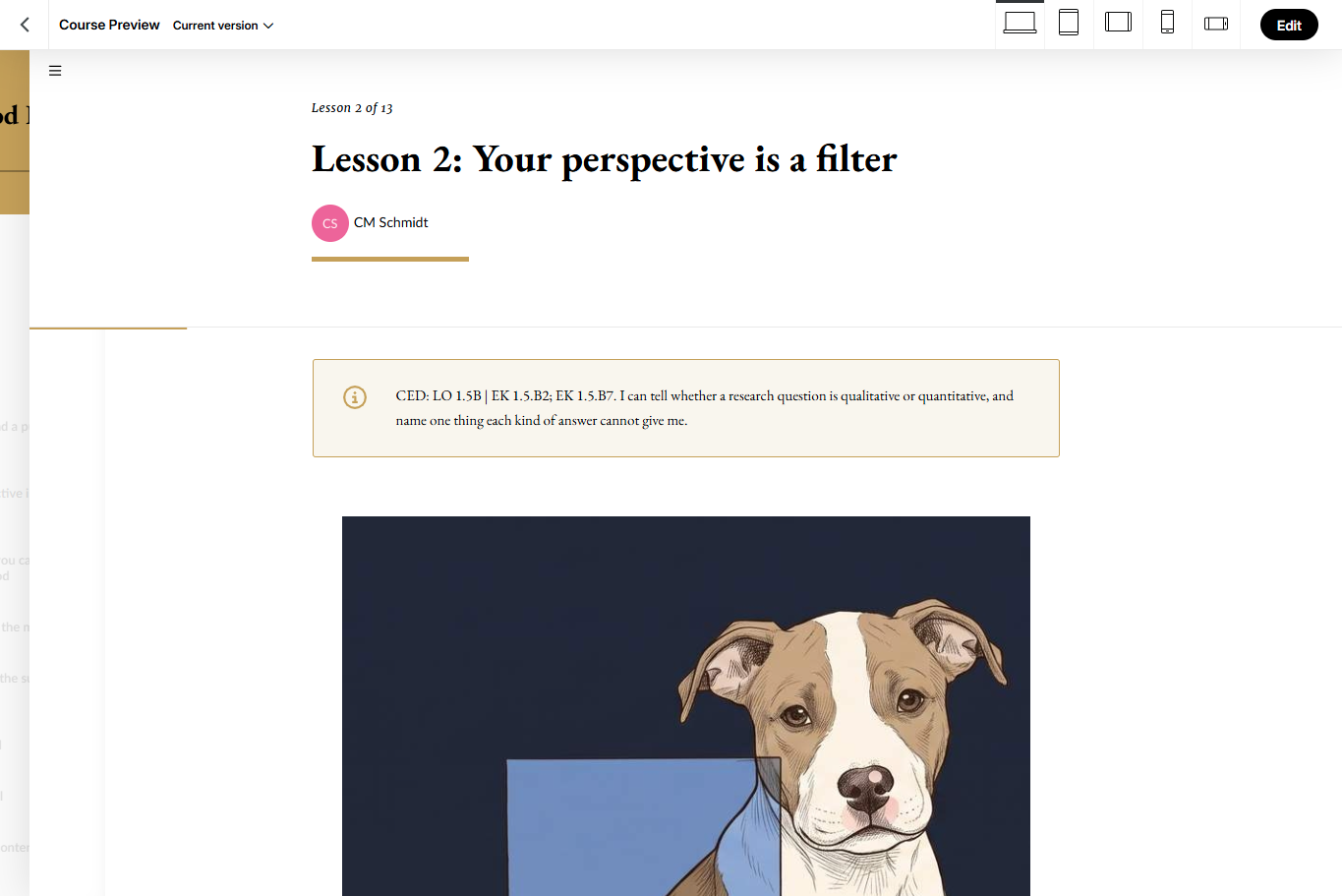 Lesson 2 of Lucy's Methods Lab: Your perspective is a filter, showing Lucy with a blue filter overlay to visualize the concept