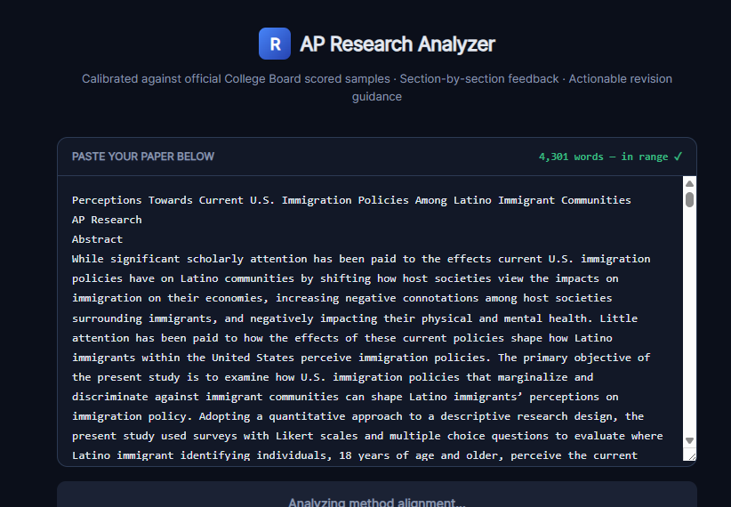 AP Research Analyzer input screen showing a paste-your-paper text box with a live word count indicator reading '4,301 words, in range' in green