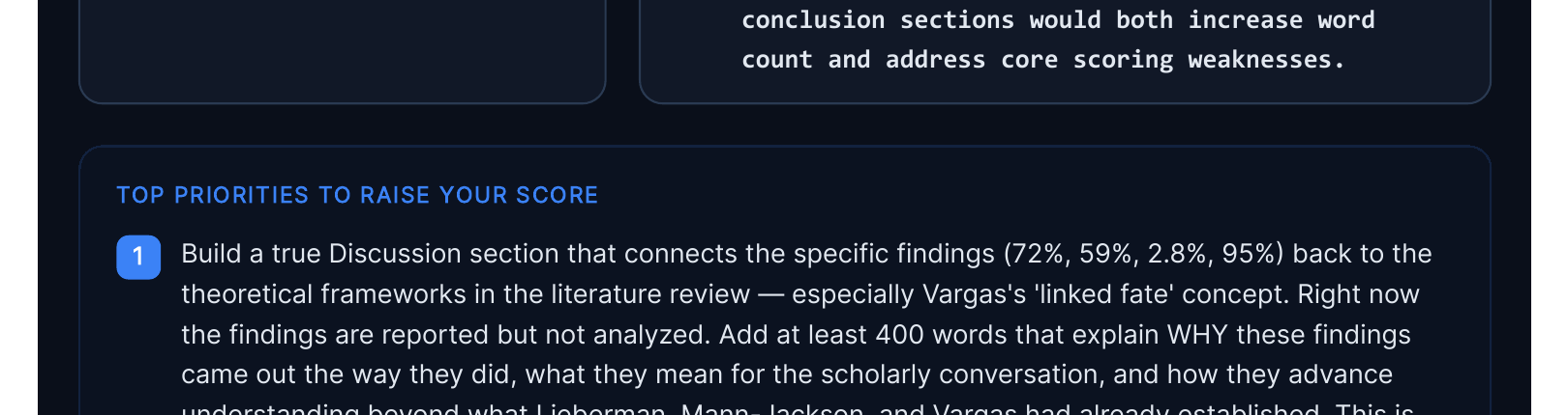 Top Priorities to Raise Your Score section showing a numbered priority tied to specific findings in the student's paper