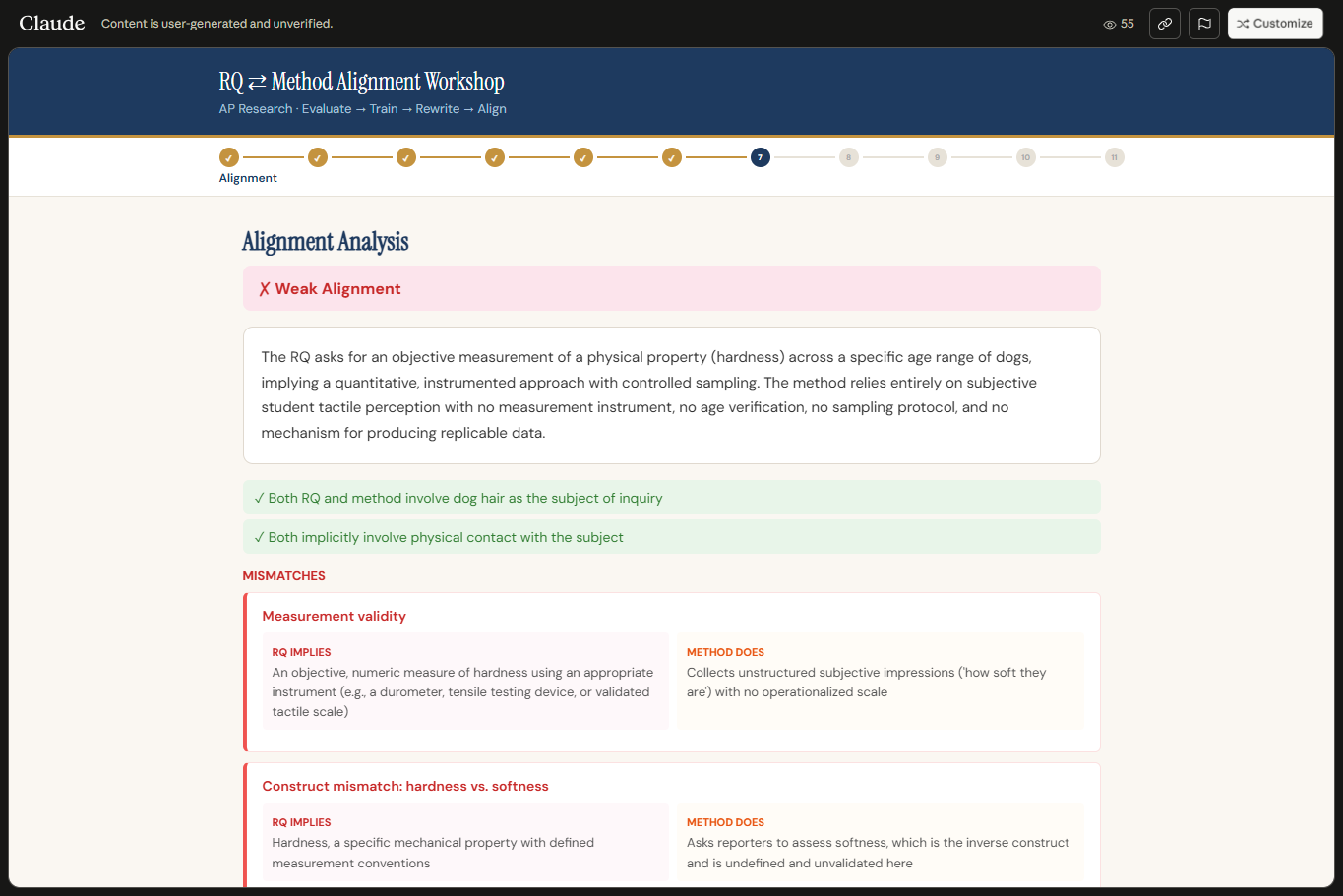 Alignment analysis screen showing weak alignment between a research question and method, with specific mismatches named