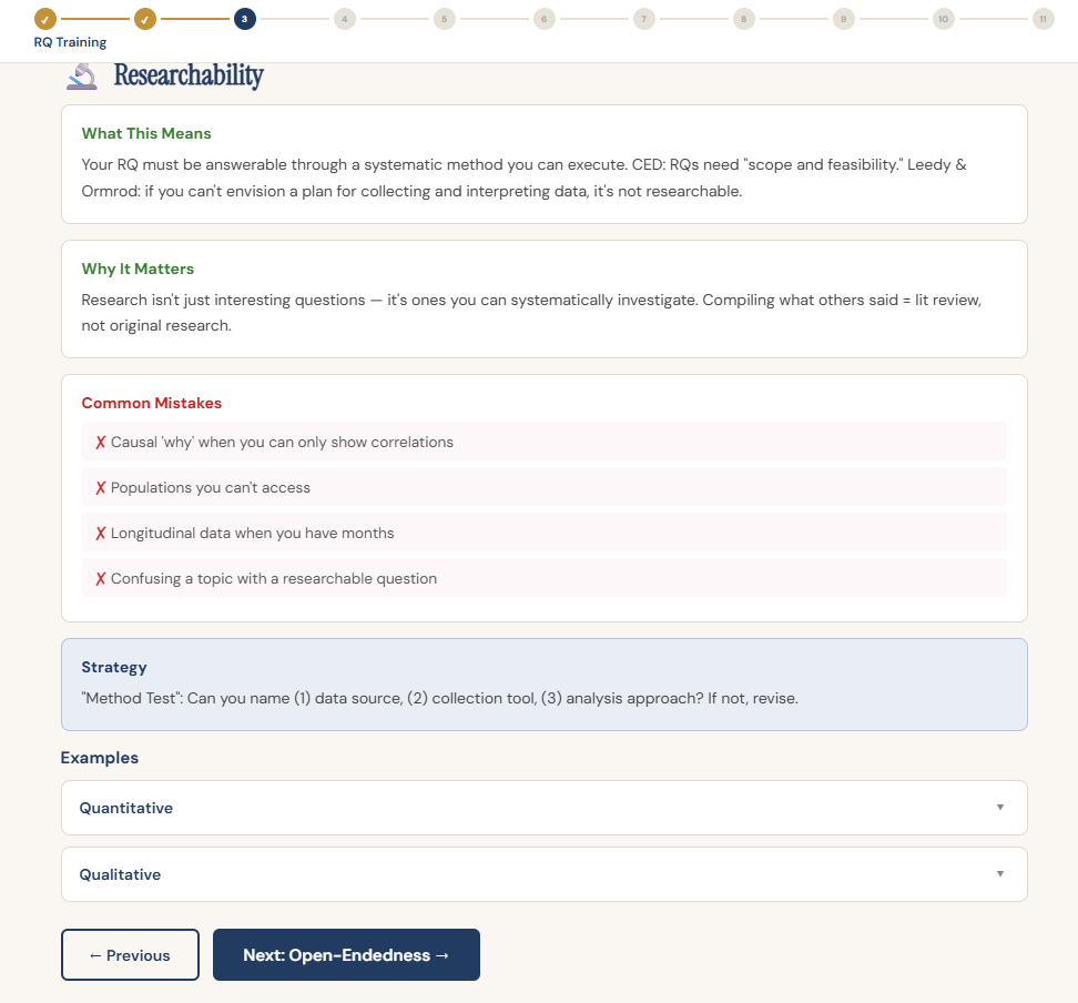 Researchability training screen with What This Means, Why It Matters, Common Mistakes, Strategy, and worked examples